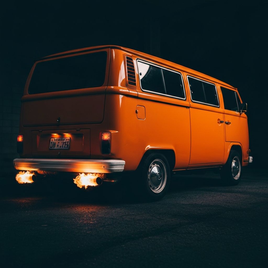 Vintage orange 1979 VW Type 2 Riviera van shooting flames